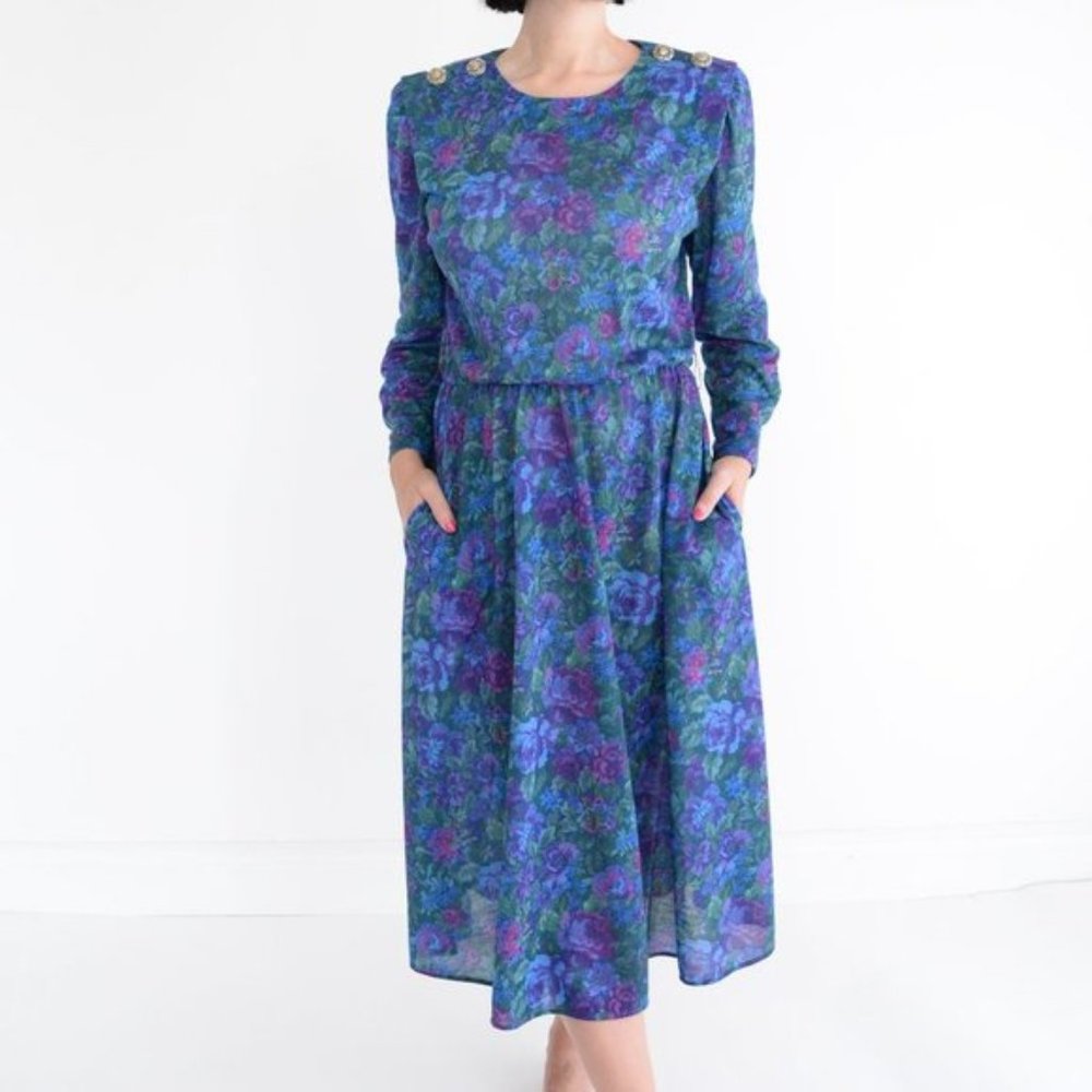 Vintage Stewart Allan Green and Purple Retro Floral  Long Sleeve Midi Dress 12